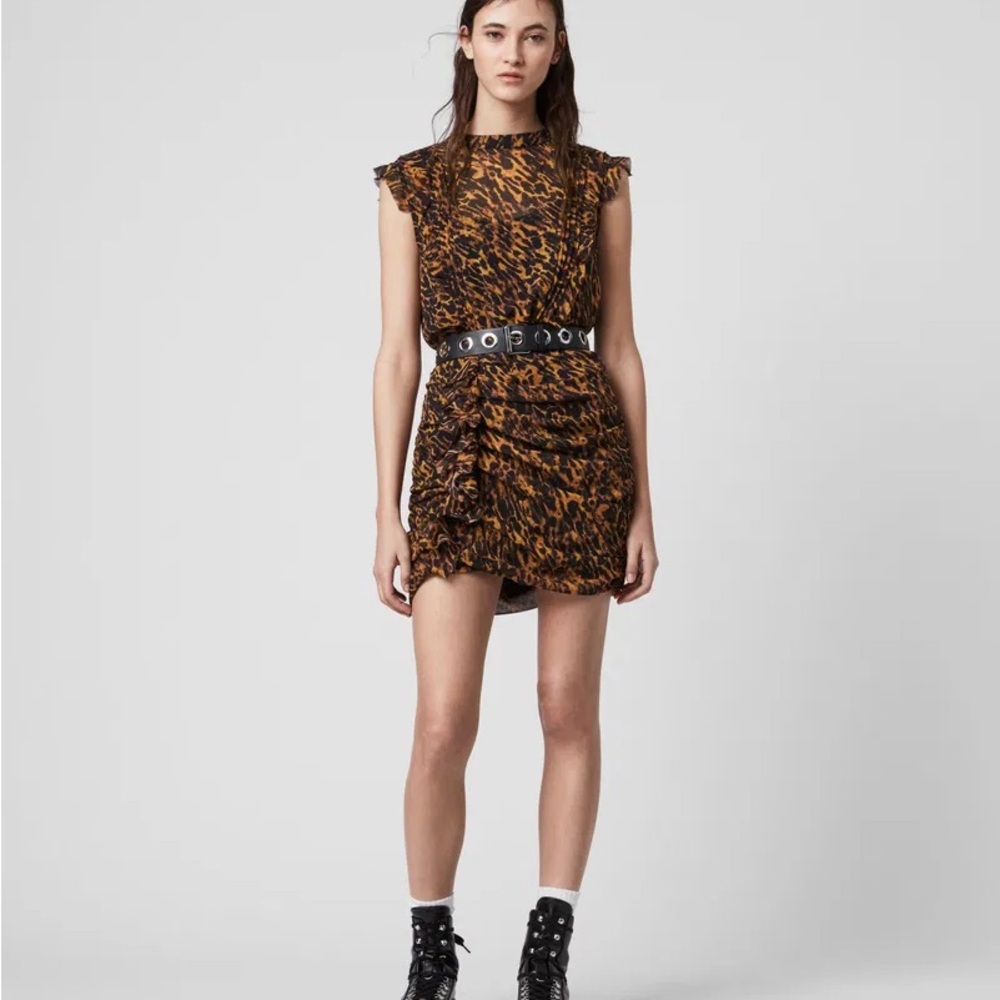 All Saint Ambient Leopard Print Ruffle Dress- US 0